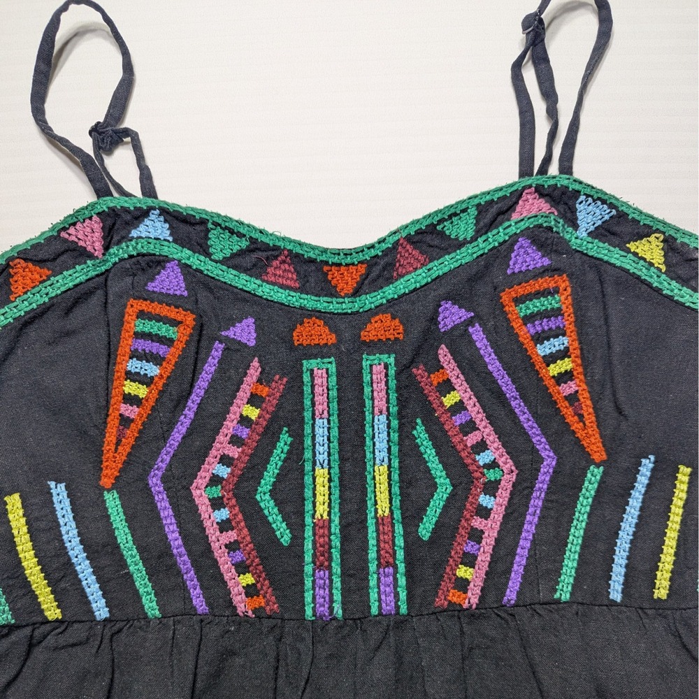 Staring at Stars Women 10 Black Linen Cotton Embroidered Geometric Sun Dress